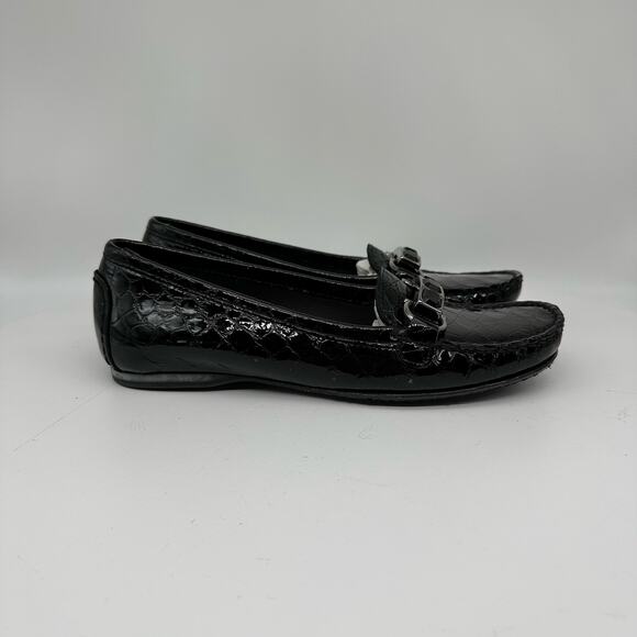 Stuart Weitzman Patent Leather Croc Embossed Wedge Buckle Loafer Women’s 4 - Picture 3 of 15